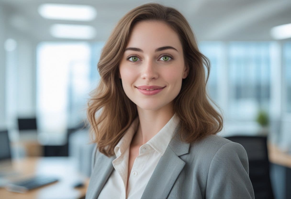 Mulher jovem em um escritório moderno, sorrindo e olhando para a câmera.