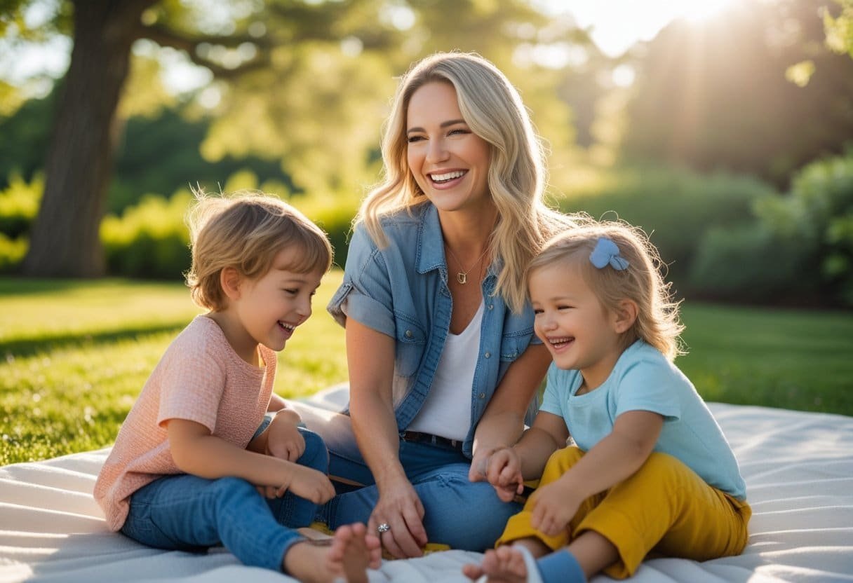 Blake Lively sorrindo com seus filhos ao ar livre em um ambiente natural e ensolarado.