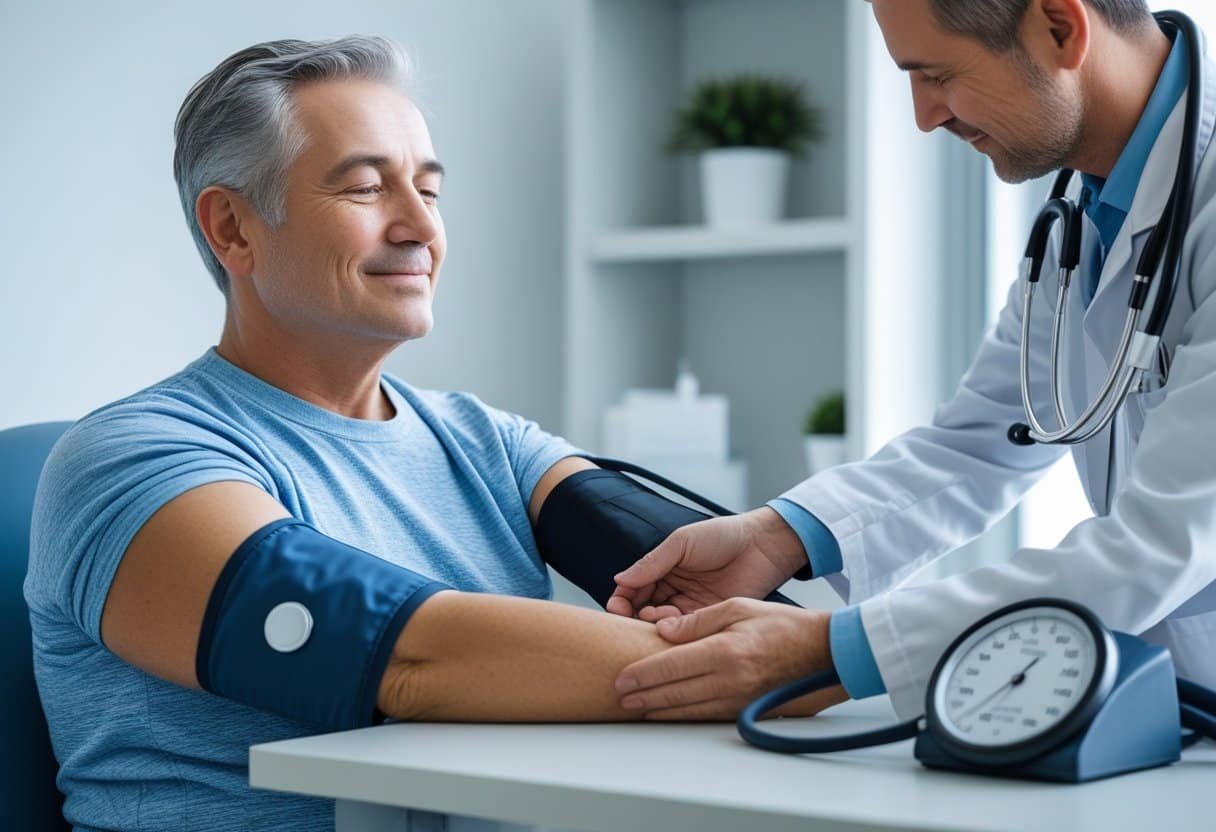 Paciente recebendo medição de pressão arterial por profissional de saúde em consultório médico.