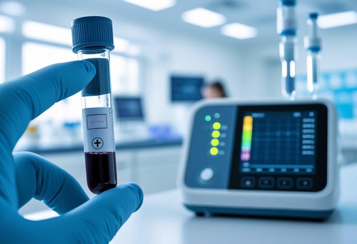 Mão com luva segurando um tubo de ensaio com amostra de sangue em um laboratório médico moderno e bem iluminado.