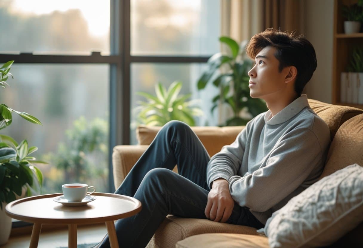 Pessoa jovem sentada em uma sala moderna, olhando pensativa pela janela.