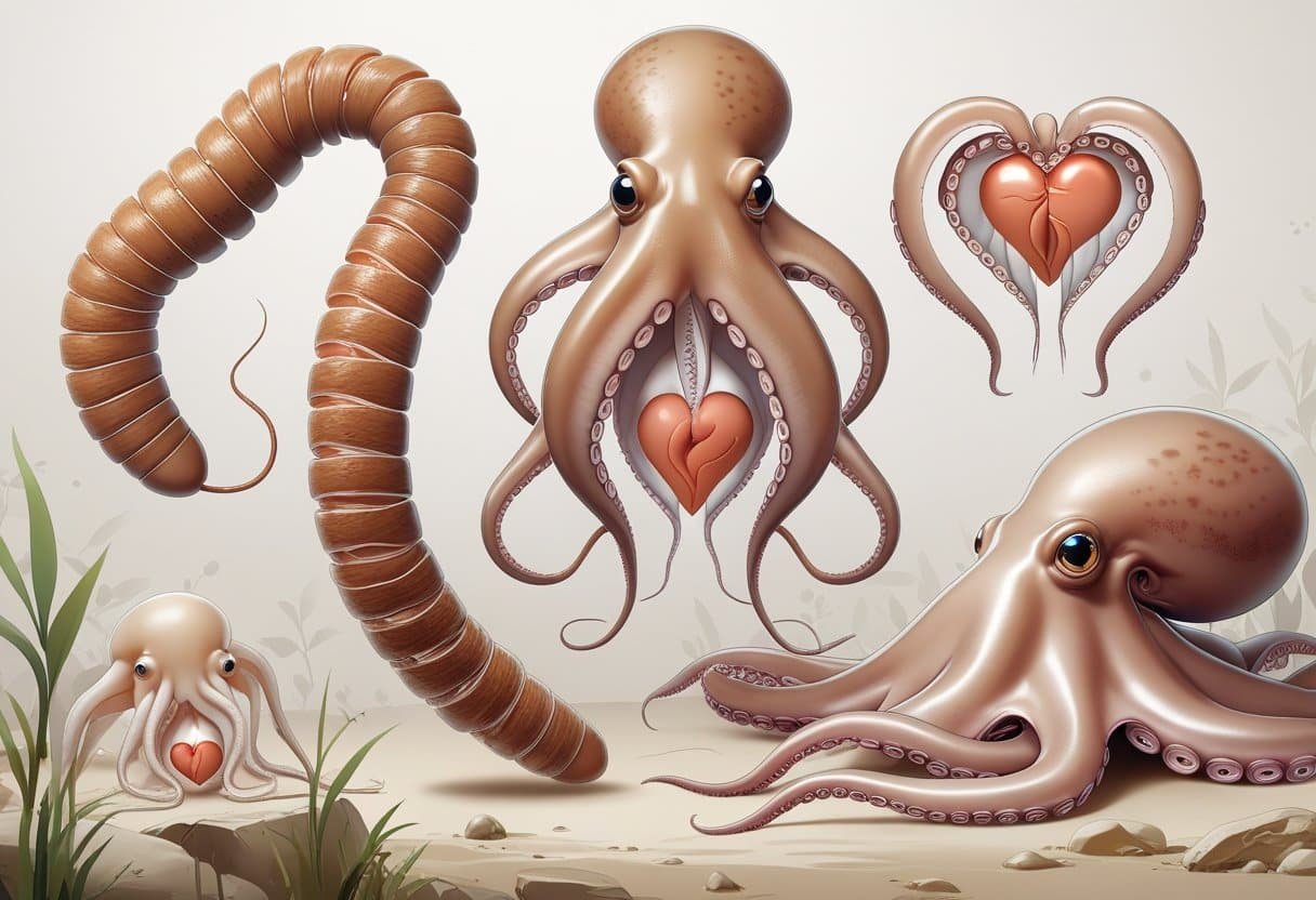 Ilustração mostrando uma minhoca, um lula e um polvo com seus múltiplos corações visíveis dentro do corpo.