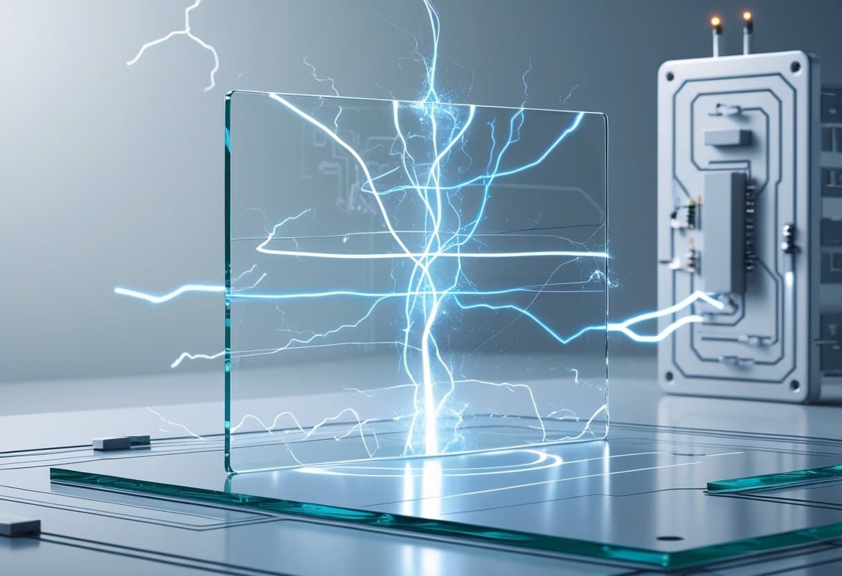 Uma ilustração mostrando uma placa de vidro transparente com correntes elétricas passando por ela, indicando condução de eletricidade.