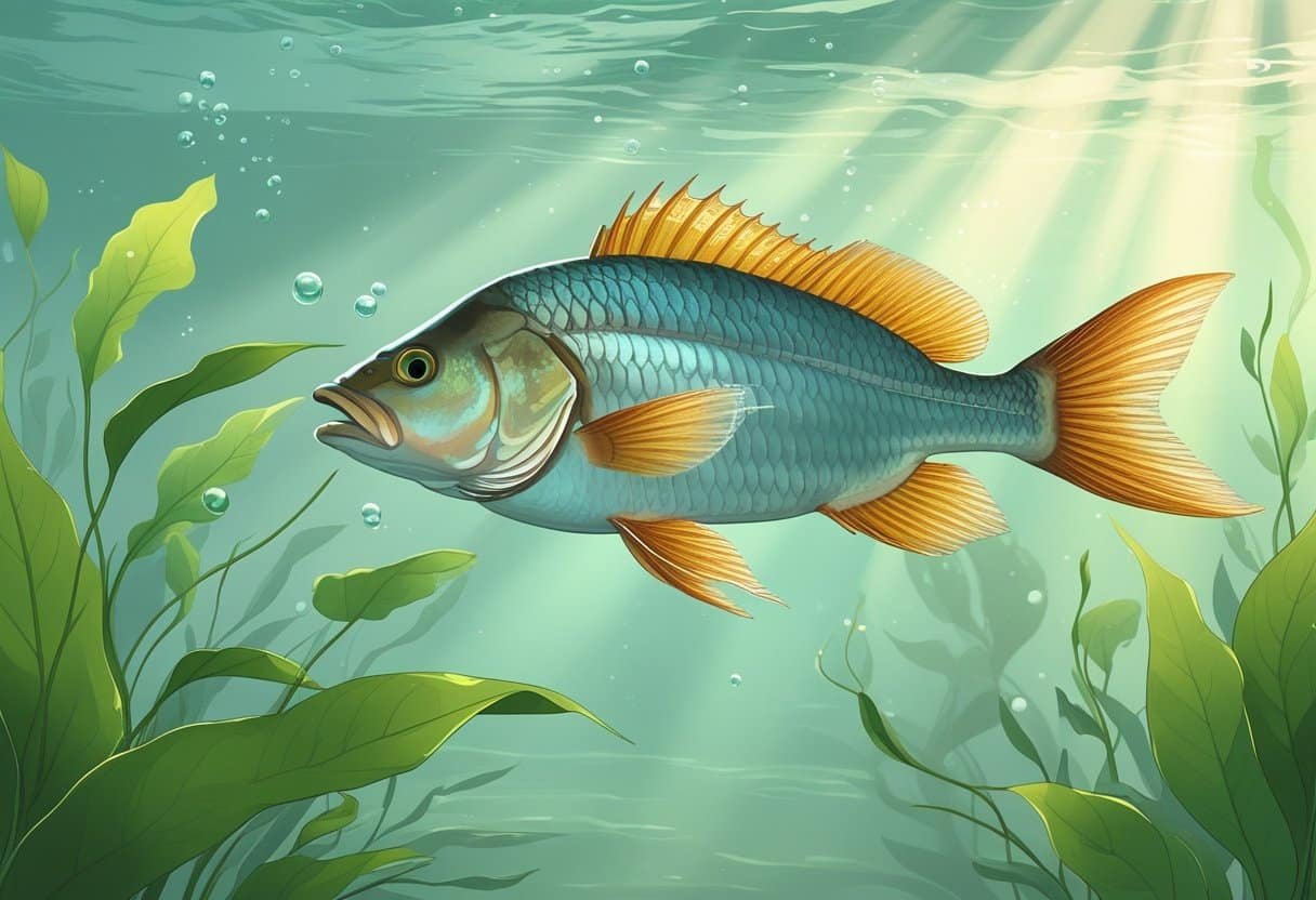 Peixe tilápia nadando calmamente em um ambiente subaquático com plantas aquáticas e luz suave filtrando pela água.