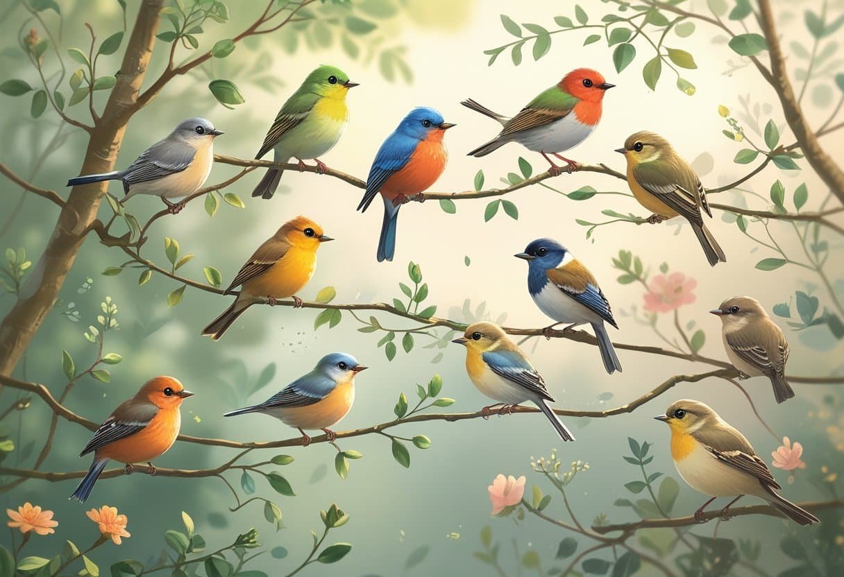 Vários passarinhos coloridos pousados em galhos e fios, em um ambiente natural com plantas ao fundo.