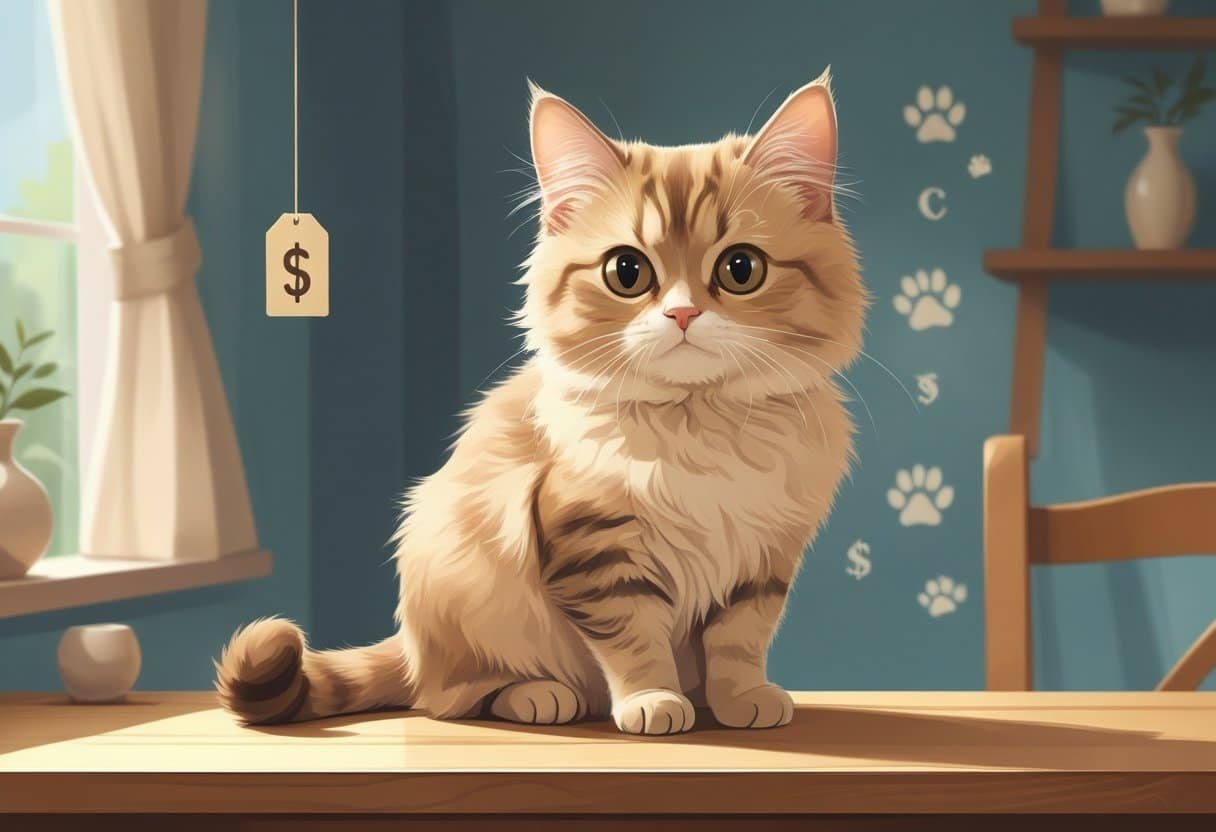 Um gato munchkin fofo sentado em uma mesa de madeira em um ambiente aconchegante, com elementos sutis que sugerem preço ou valor ao redor.