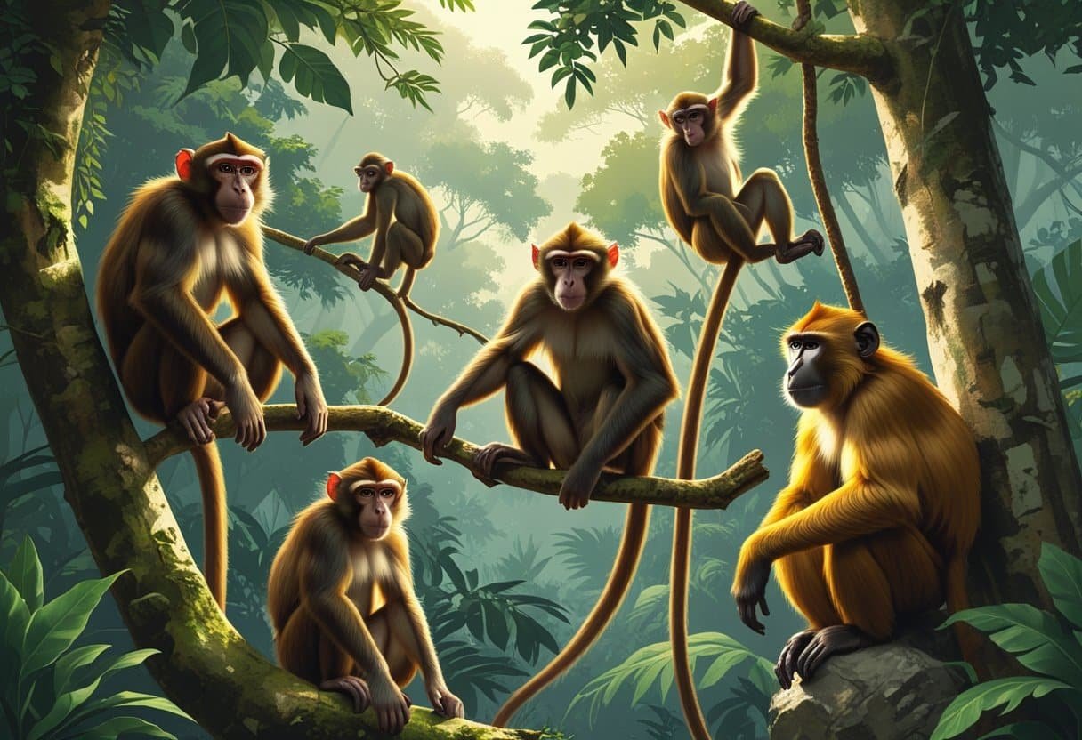Ilustração mostrando diferentes tipos de macacos em uma floresta tropical, cada um em posições naturais, como pendurado em galhos e escalando árvores.