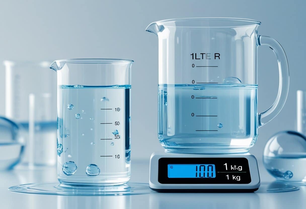 Um recipiente transparente com um litro de água sobre uma balança digital que mostra o peso de um quilograma.