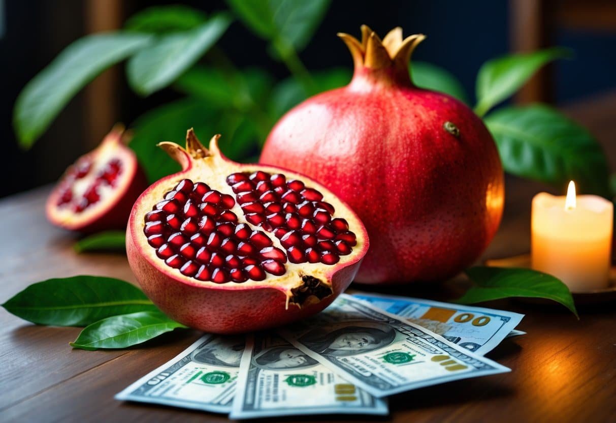 Romã aberta com sementes vermelhas brilhantes sobre uma mesa de madeira, ao lado de cédulas de dinheiro brasileiro e uma vela acesa ao fundo.