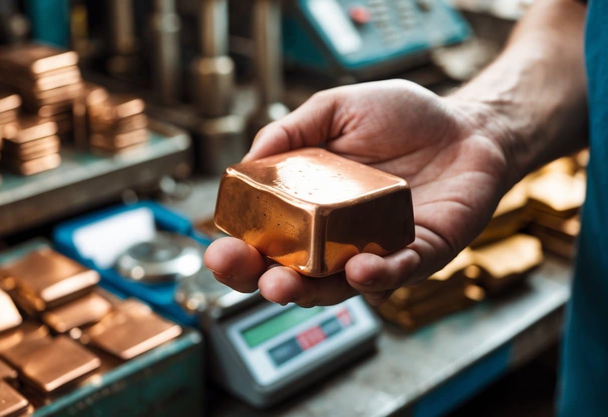 Mão segurando um objeto de bronze com uma balança ao fundo em um ambiente de oficina ou mercado de metais.