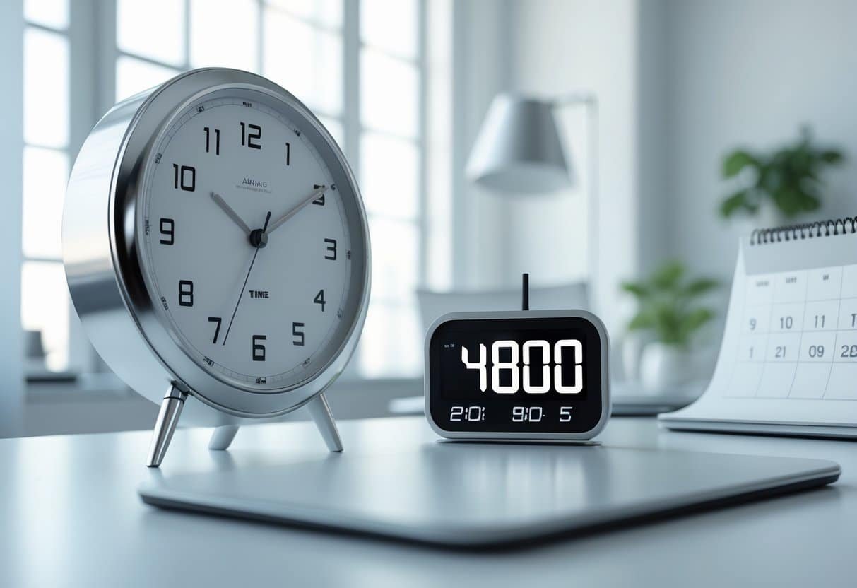 Relógio analógico e cronômetro digital em uma mesa de escritório com calendário aberto mostrando dois dias consecutivos.