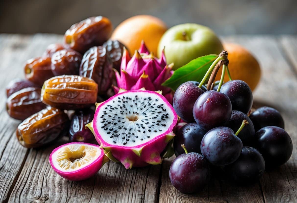 Uma mesa rústica com tâmaras, pitaya e ameixas damascenas frescas e coloridas.