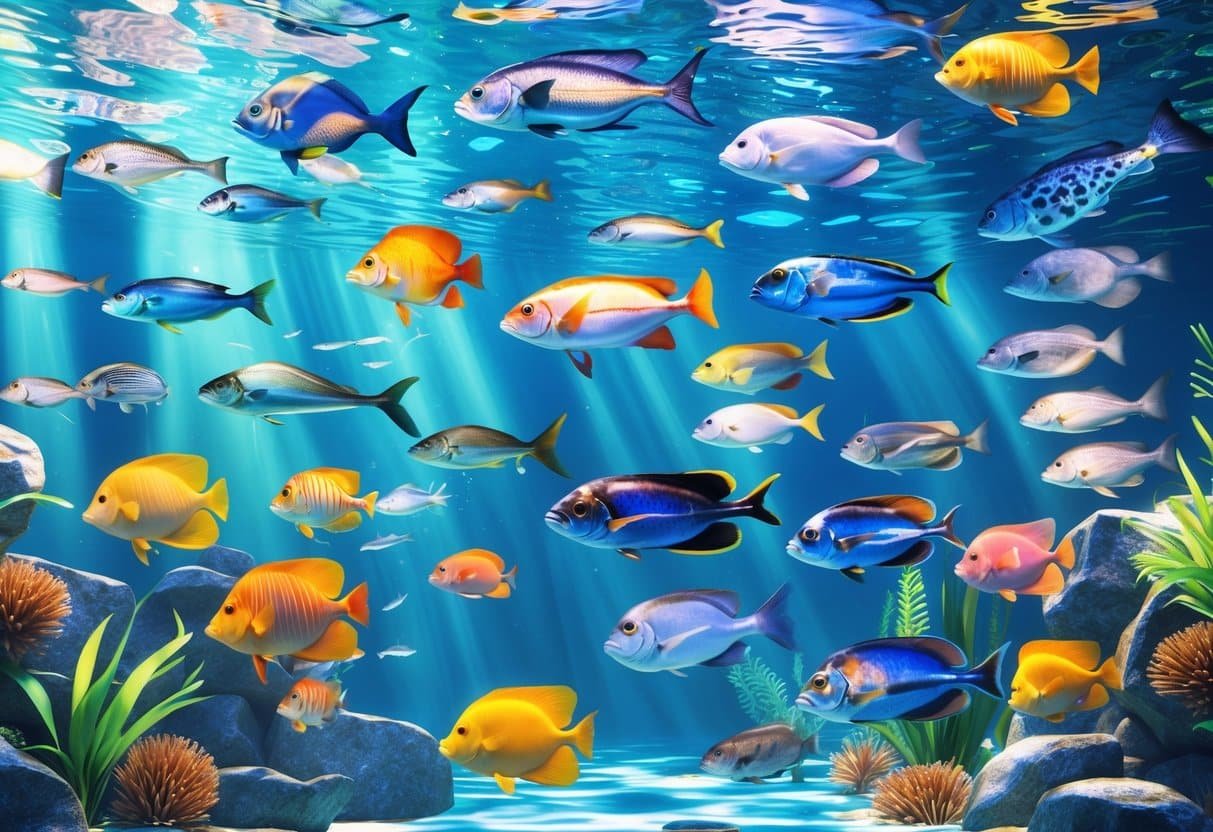 Cena subaquática mostrando vários peixes coloridos e diferentes nadando entre plantas e corais.