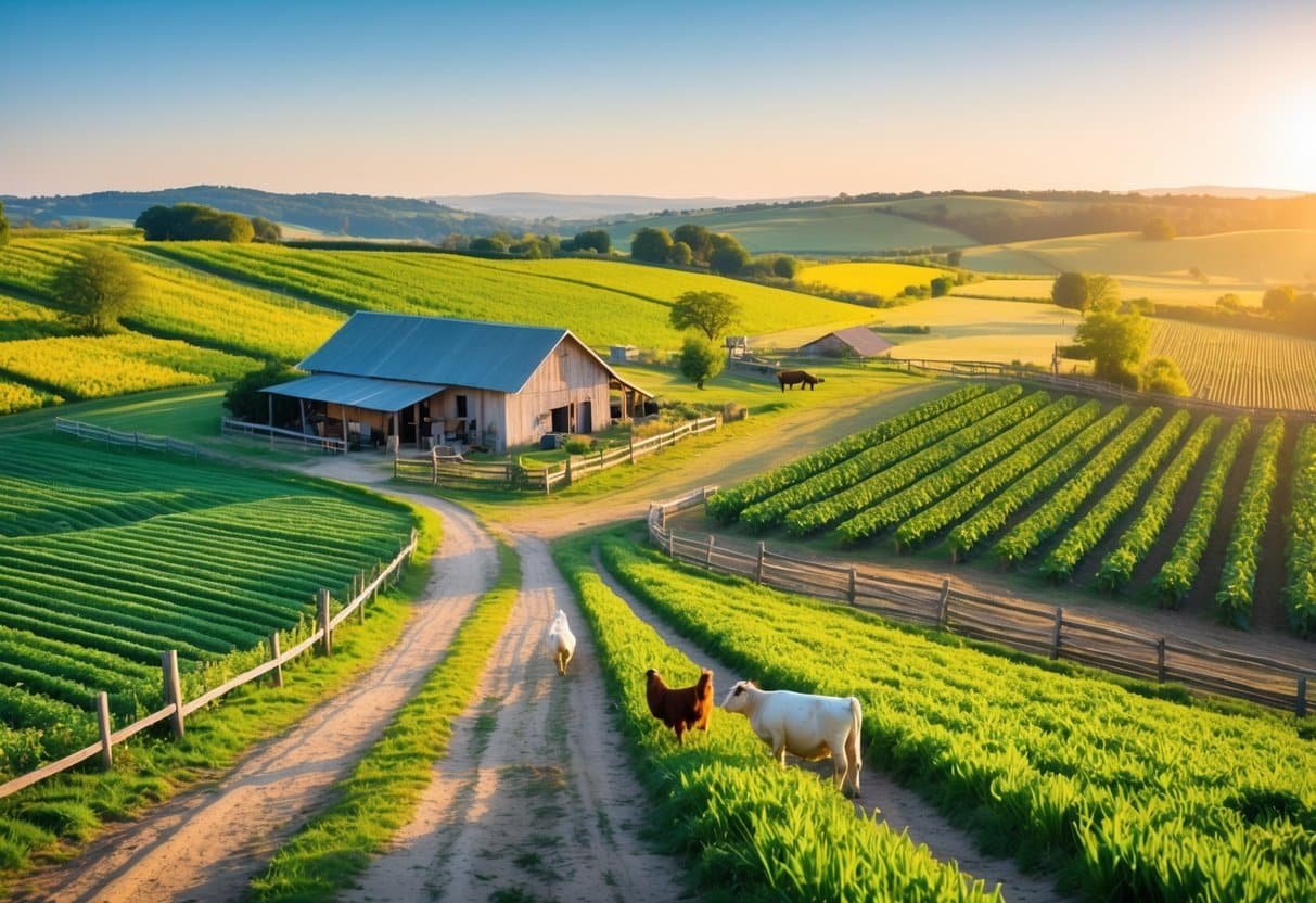 Paisagem de fazenda com campos verdes, casa rústica, animais pastando e céu azul ao entardecer.