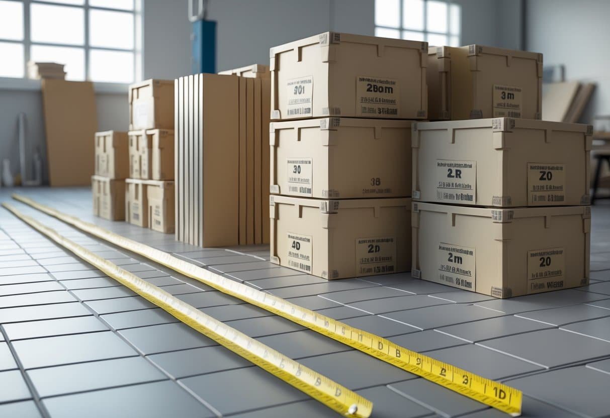 Cena mostrando caixas empilhadas de cerâmica ao lado de uma fita métrica estendida no chão indicando 20 metros, com parte do piso coberto por cerâmicas.