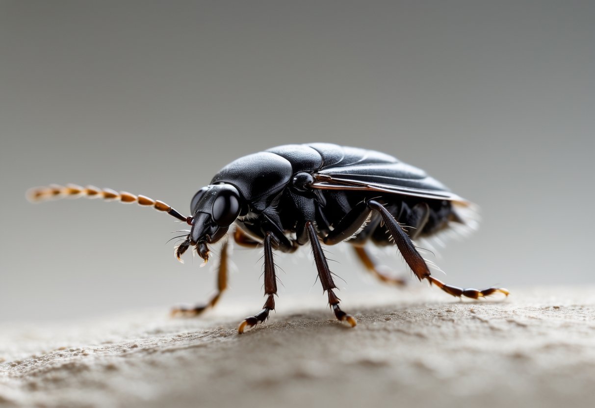 Inseto preto pequeno parecido com uma pulga em fundo neutro desfocado.