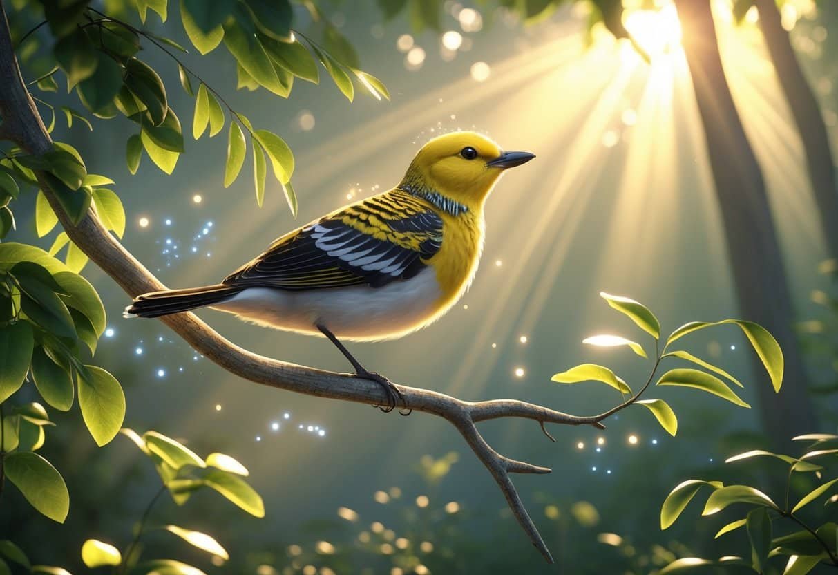 Um pássaro bem-te-vi colorido pousado em um galho em meio a uma floresta iluminada pela luz suave do amanhecer.