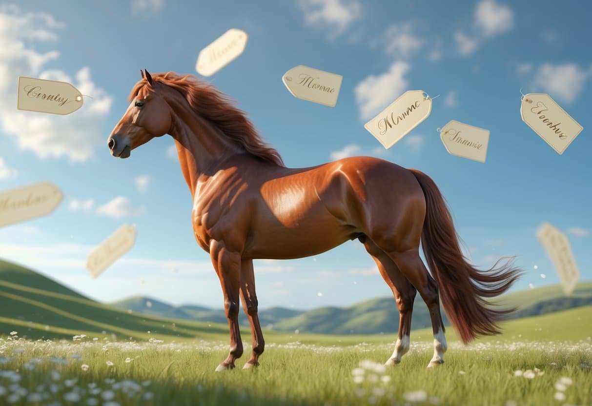 Cavalo majestoso em um campo aberto com colinas verdes e céu azul ao fundo.
