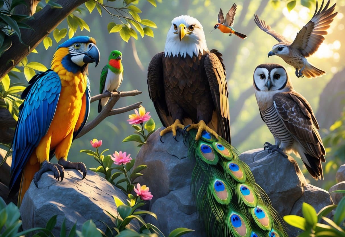 Vários pássaros famosos em um ambiente natural, incluindo arara colorida, águia careca, beija-flor, pavão e coruja, todos em poses realistas em uma floresta iluminada pelo sol.