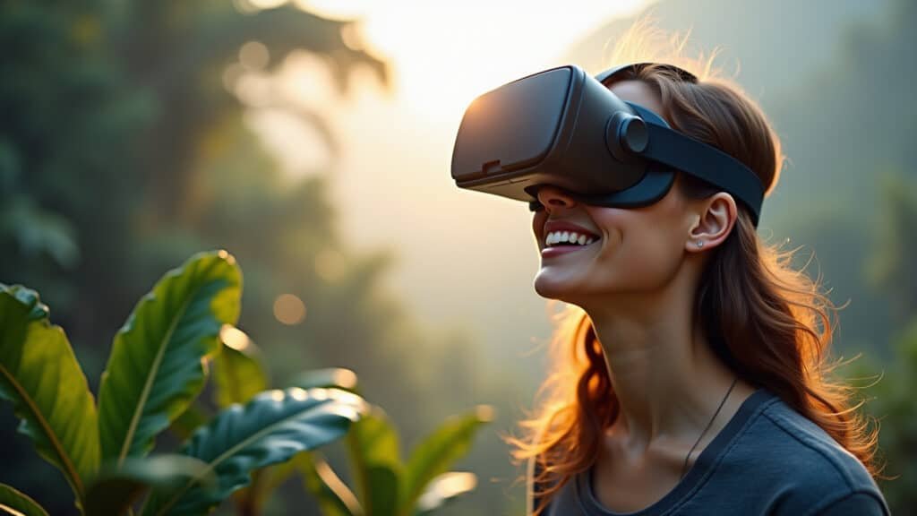 VR headset metaverse experience, diverse user immersed, virtual landscape, Brazilian elements, 8K, Usuário diverso imerso no metaverso com um headset de realidade virtual.