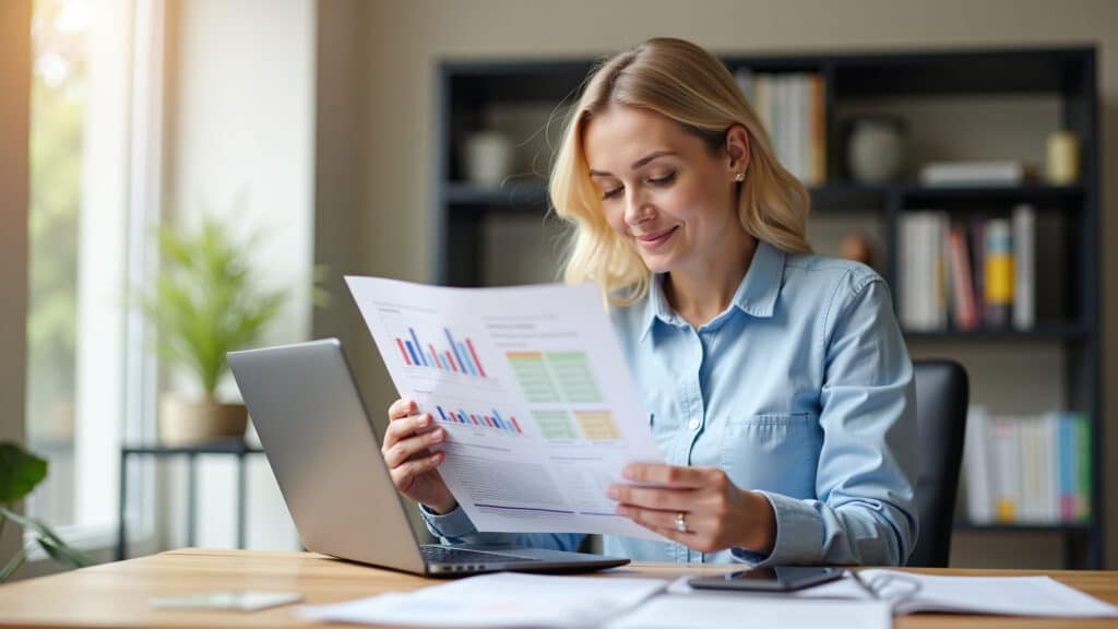 Woman analyzing spreadsheet, laptop, comparing options, financial planning, professional Mulher analisando planilha de renda extra.