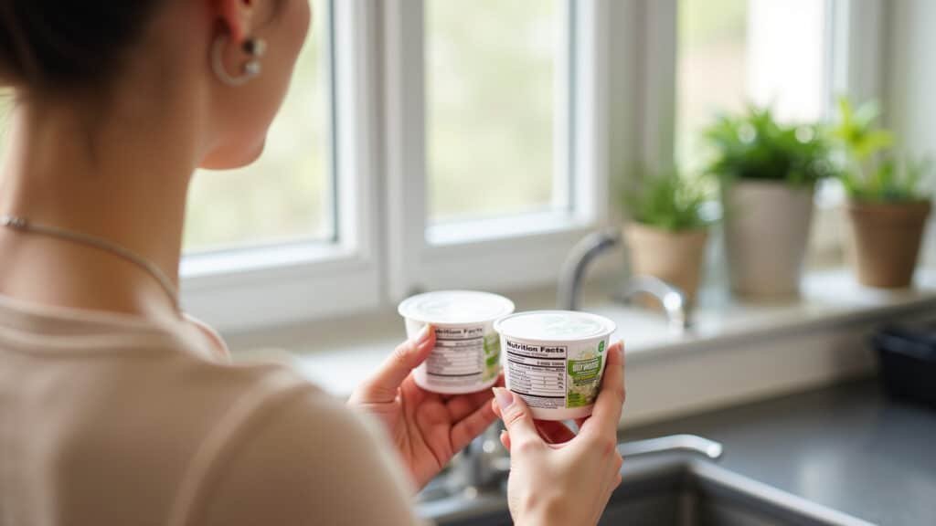Woman comparing nutrition facts labels of two yogurt containers in a brightly lit kitchen, natural Comparando tabelas nutricionais de iogurtes.