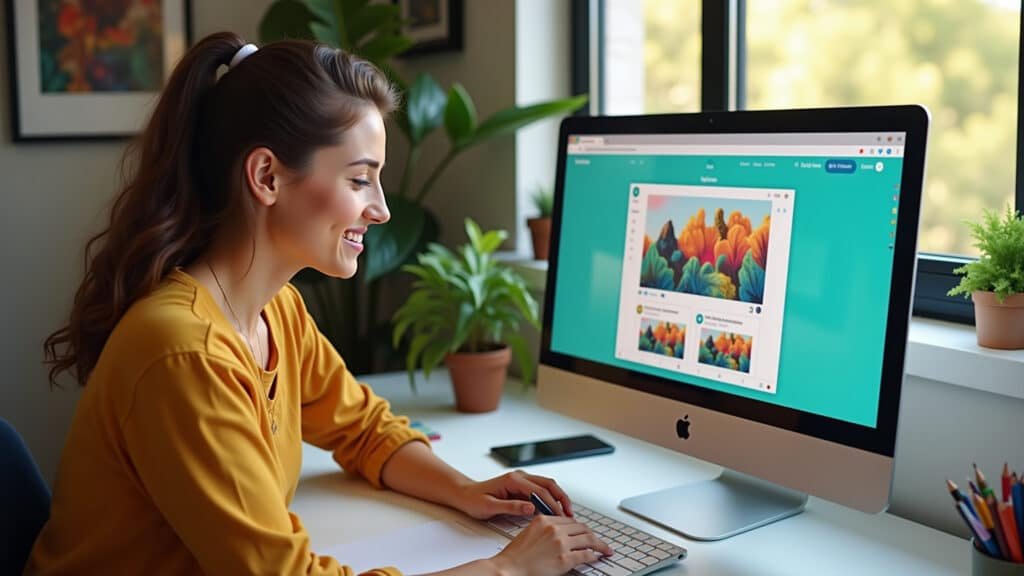 Woman creating designs on Canva, colorful workspace, Brazilian art, natural light, 8K, sharp focus, Criando designs no Canva com auxílio de IA.