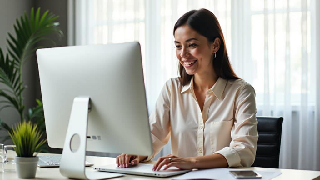 Woman creating diversified investment portfolio on computer, financial planning, bright home Mulher criando carteira de investimentos diversificada no computador.