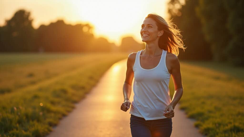 Woman enjoying a light walk in the late afternoon sun. Natural lighting, healthy lifestyle, Mulher caminhando ao ar livre.