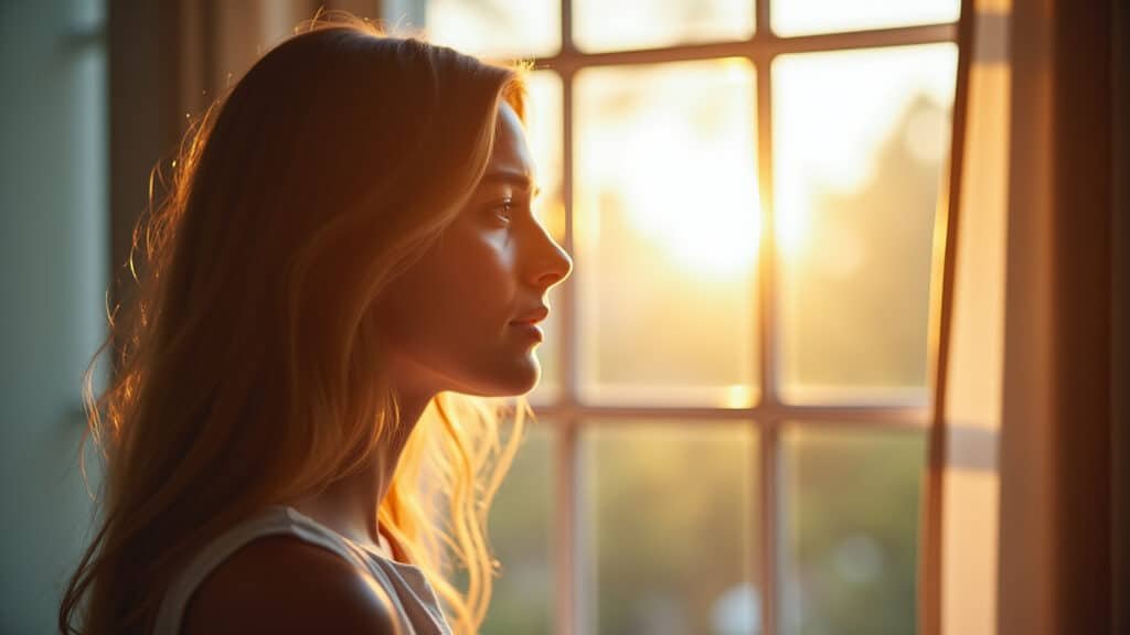 Woman exposed to morning sunlight by a window, regulating her circadian rhythm. Natural lighting, Mulher aproveitando a luz do sol da manhã.