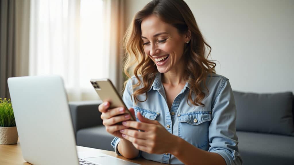 Woman happily checking investment growth on her phone, bright modern apartment, financial security, Mulher sorrindo ao ver seus investimentos crescerem no celular.