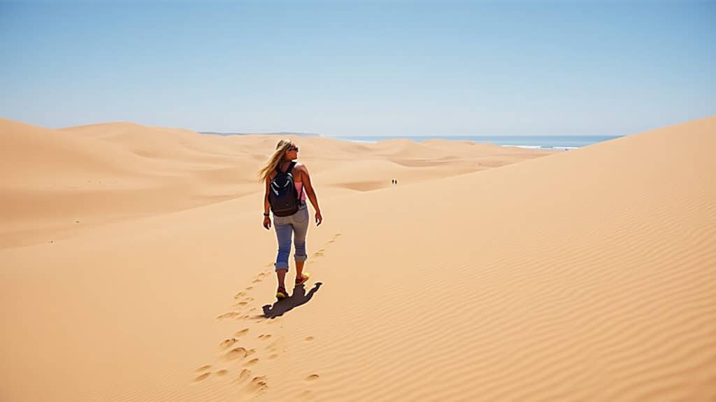 Woman hiking on sand dunes in Lençóis Maranhenses, Brazil, enjoying the view, natural light, 8k, Trilha nas dunas dos Lençóis Maranhenses.