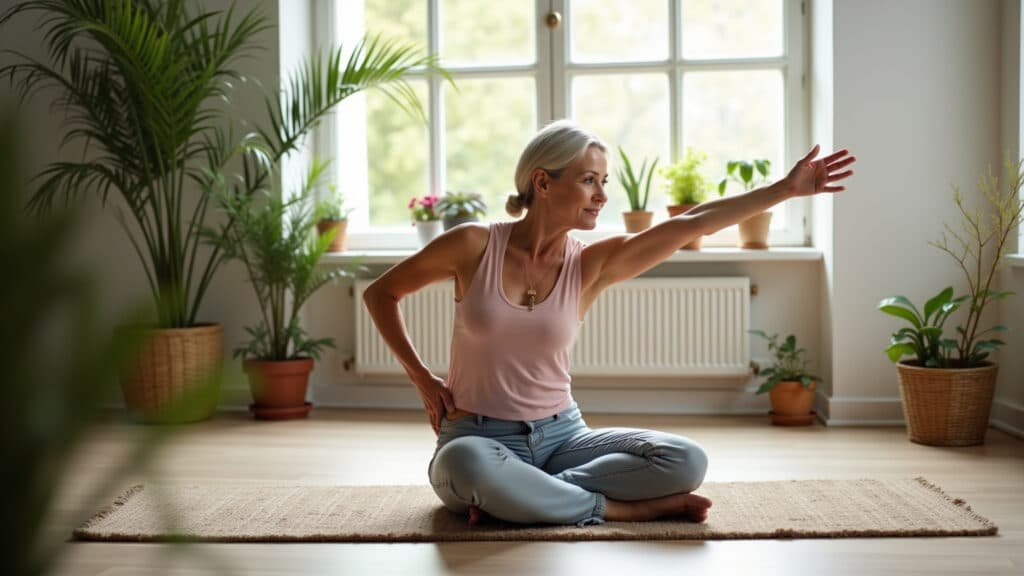 Woman in her 40s, stretching in a bright living room, natural light, healthy lifestyle, 'Farm Rio' Mulher alongando em casa antes de iniciar os exercícios.
