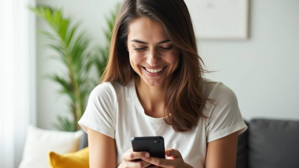 Woman investing small amounts regularly, mobile banking app, financial discipline, bright daylight, Mulher investindo pequenas quantias regularmente no celular.