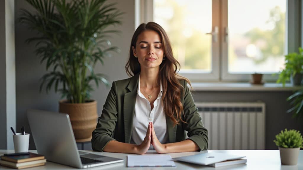 Woman meditating at her desk, natural lighting, focused expression, 8K quality, commercial Meditação no trabalho para aumentar a concentração e produtividade.