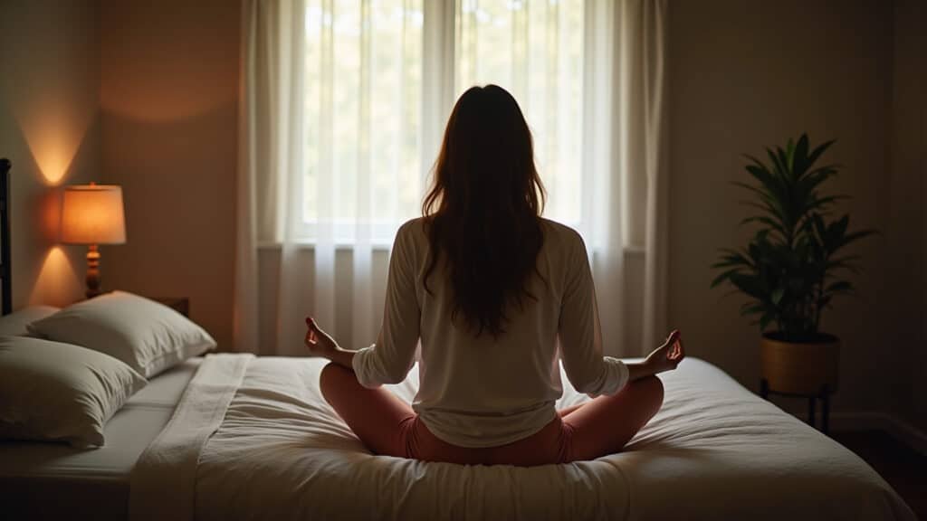 Woman meditating before sleep in a dimly lit bedroom, soft natural lighting, cozy atmosphere, 8K Meditação noturna para um sono tranquilo e reparador.