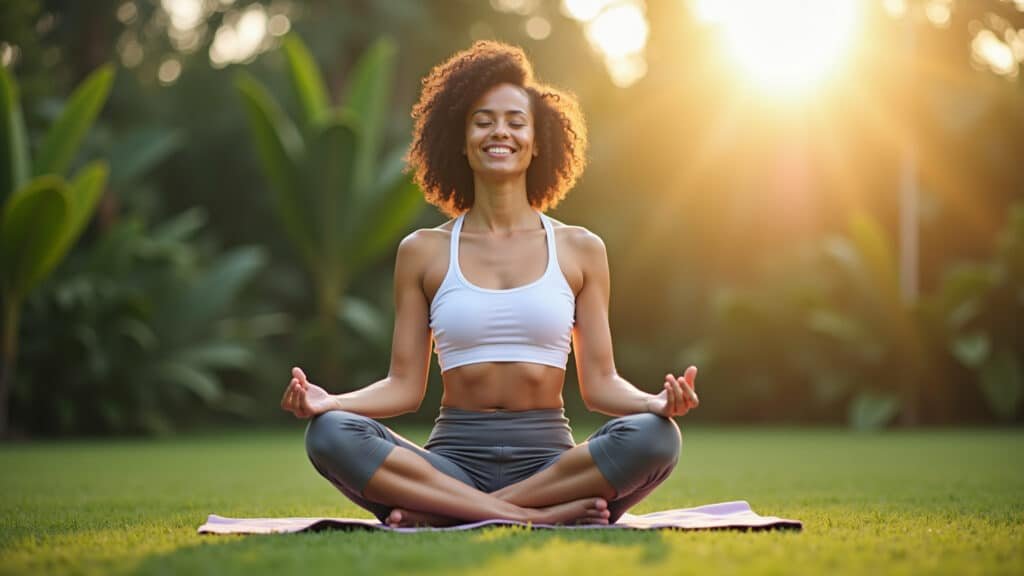 Woman meditating, strengthening immune system, natural lighting, healthy lifestyle, 8K quality, Meditação para fortalecer o sistema imunológico e aumentar as defesas.