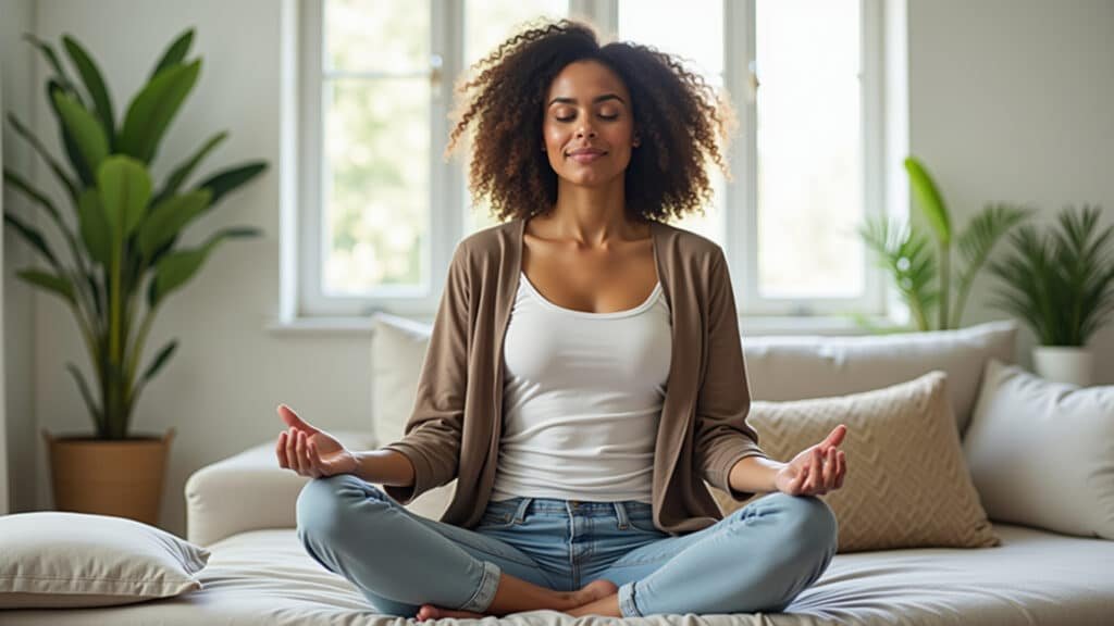 Woman meditating to improve memory, focused expression, natural lighting, 8K quality, commercial Meditação para estimular o cérebro e melhorar a memória.