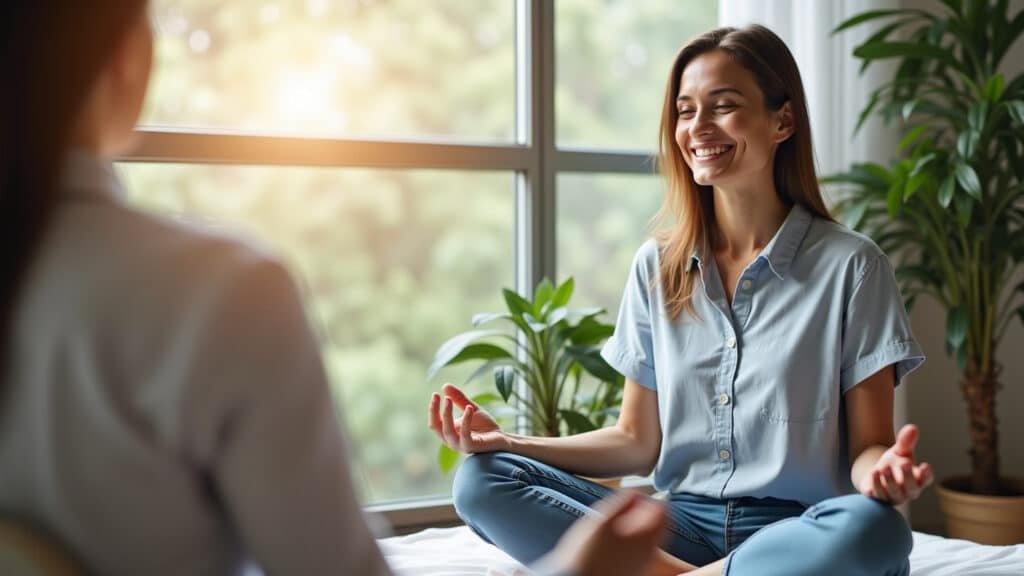 Woman meditating with therapist, supportive environment, natural lighting, 8K quality, professional Meditação como complemento no tratamento da depressão.