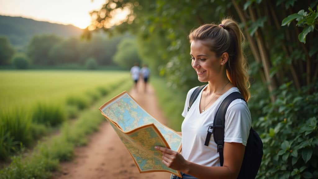 Woman planning adventure trip to Brazil, map and travel guide, Farm Rio style, natural light, 8k, Planejando viagem de aventura no Brasil.