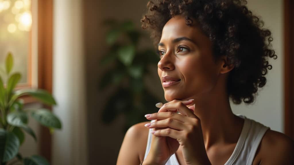 Woman reflecting on emotions during meditation, soft light, thoughtful expression, 8K, lifestyle Meditação para desenvolver a inteligência emocional e autoconsciência.