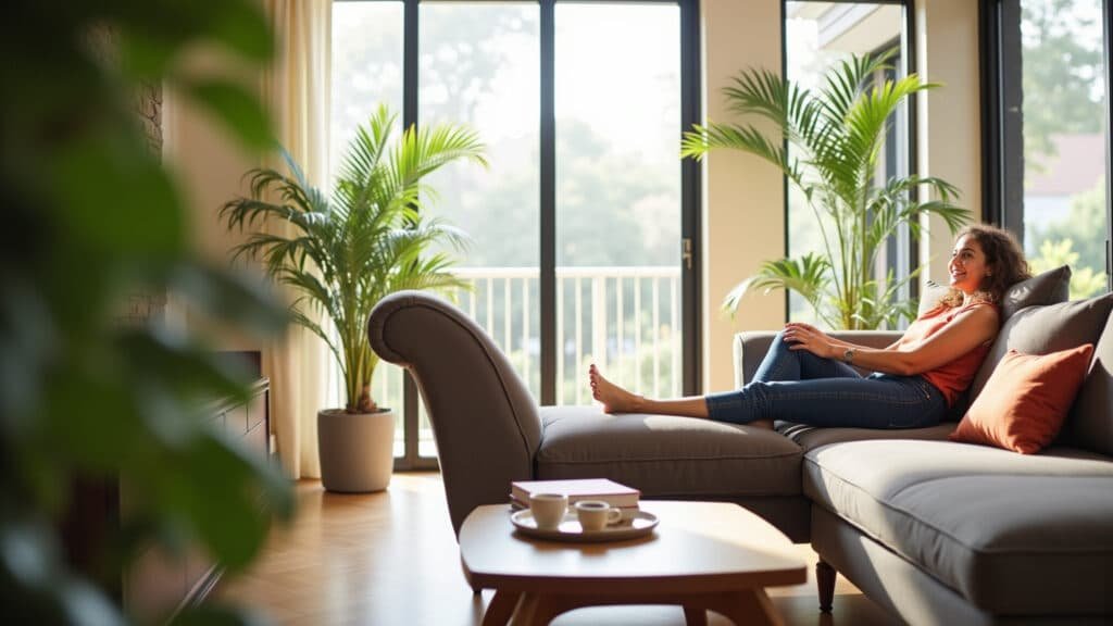 Woman relaxing on chaise sofa, bright living room, Brazilian style, plants, 8K, natural light. Mulher relaxando em um sofá com chaise em sala iluminada.