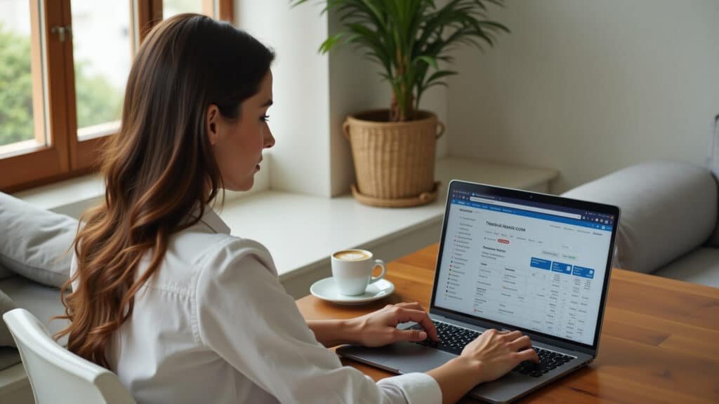 Mulher analisando planilha de gastos de viagem para Europa em apartamento.