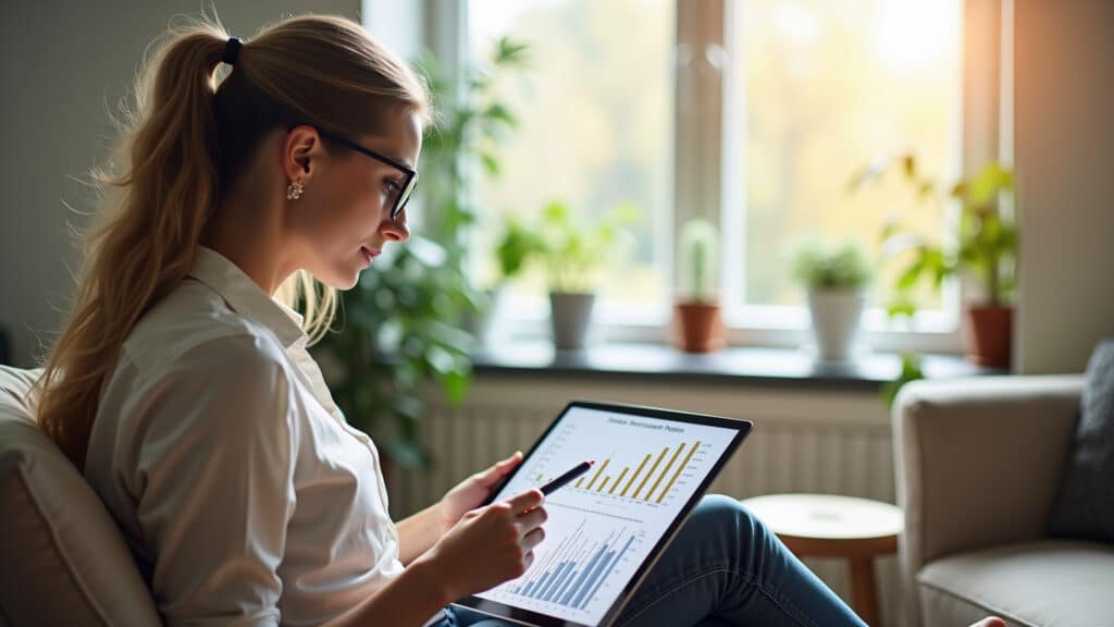 Woman studying fixed income funds performance chart, bright living room, financial education, Mulher estudando gráfico de desempenho de fundos de renda fixa.