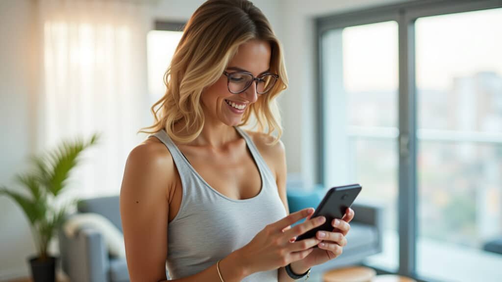 Woman tracking progress on fitness app, smiling, motivated. Bright, modern apartment, healthy Mulher motivada acompanhando o progresso nos exercícios.