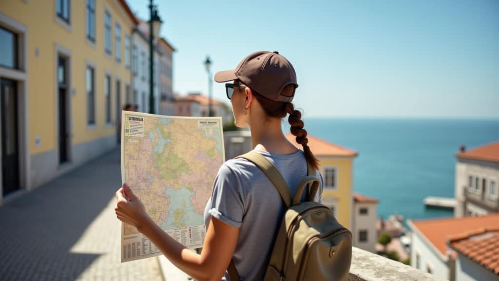 Turista com mochila olhando mapa de Lisboa, planejando roteiro econômico.