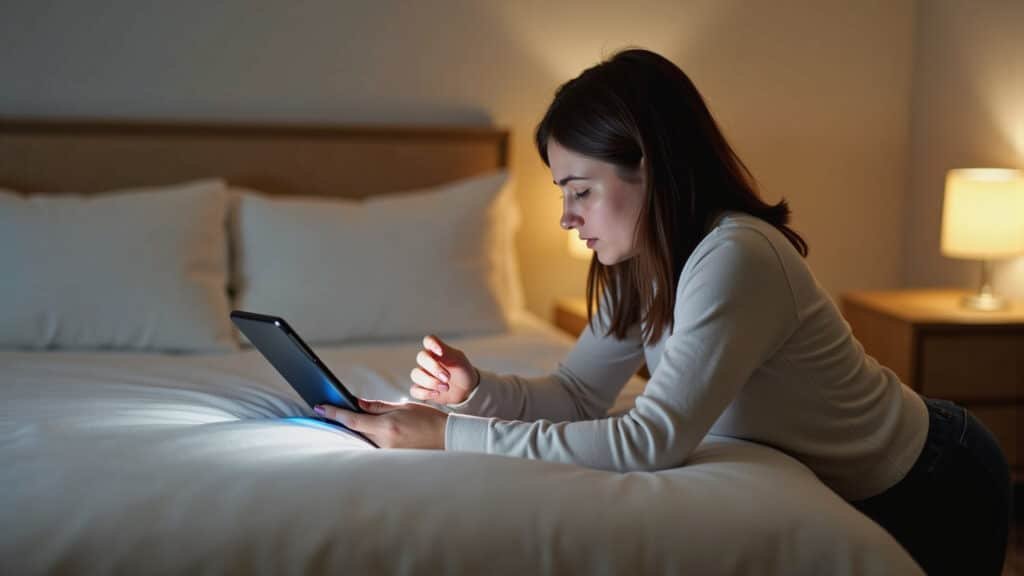 Woman turning off electronic devices before bed, avoiding blue light. Soft lighting, bedroom Mulher desligando aparelhos eletrônicos antes de dormir.