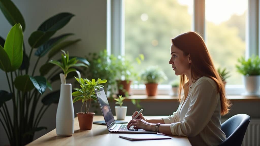 Woman using AI writing tool on laptop, bright home office, natural light, plants, Brazilian design, Mulher usando IA para criar texto em laptop.