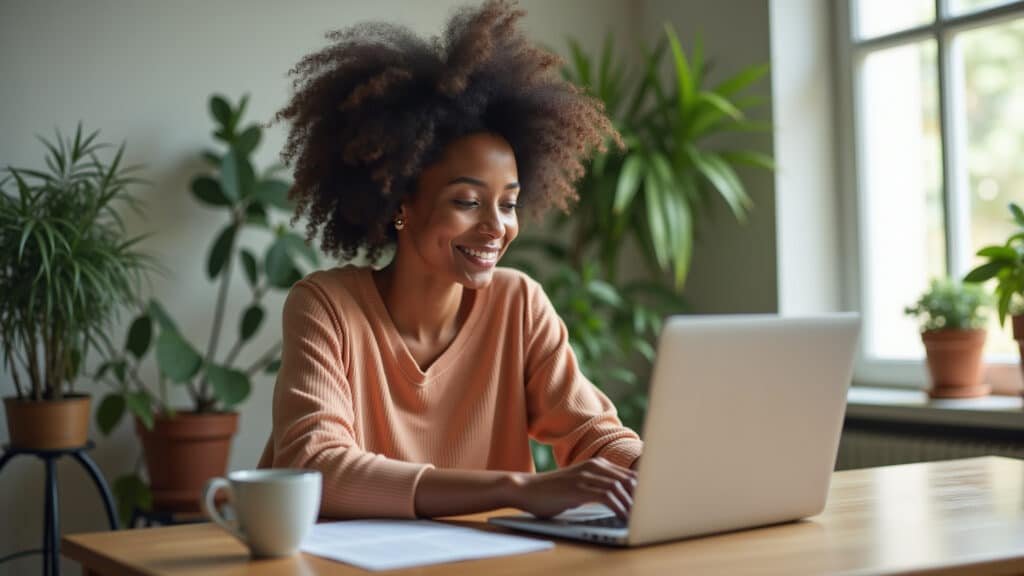 Woman using Jasper.ai on laptop, creating content, bright office, natural light, plants, Brazilian Mulher usando Jasper.ai para criar conteúdo.
