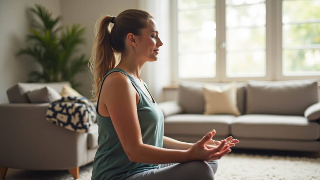 Woman using meditation to manage chronic pain, comfortable position, natural lighting, 8K quality, Meditação para alívio de dores crônicas e relaxamento.